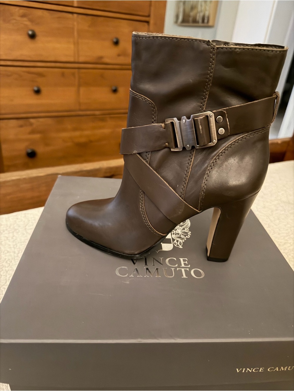 Vince Camuto Dark Brown Leather Mid-Calf Heel Boot with Buckle